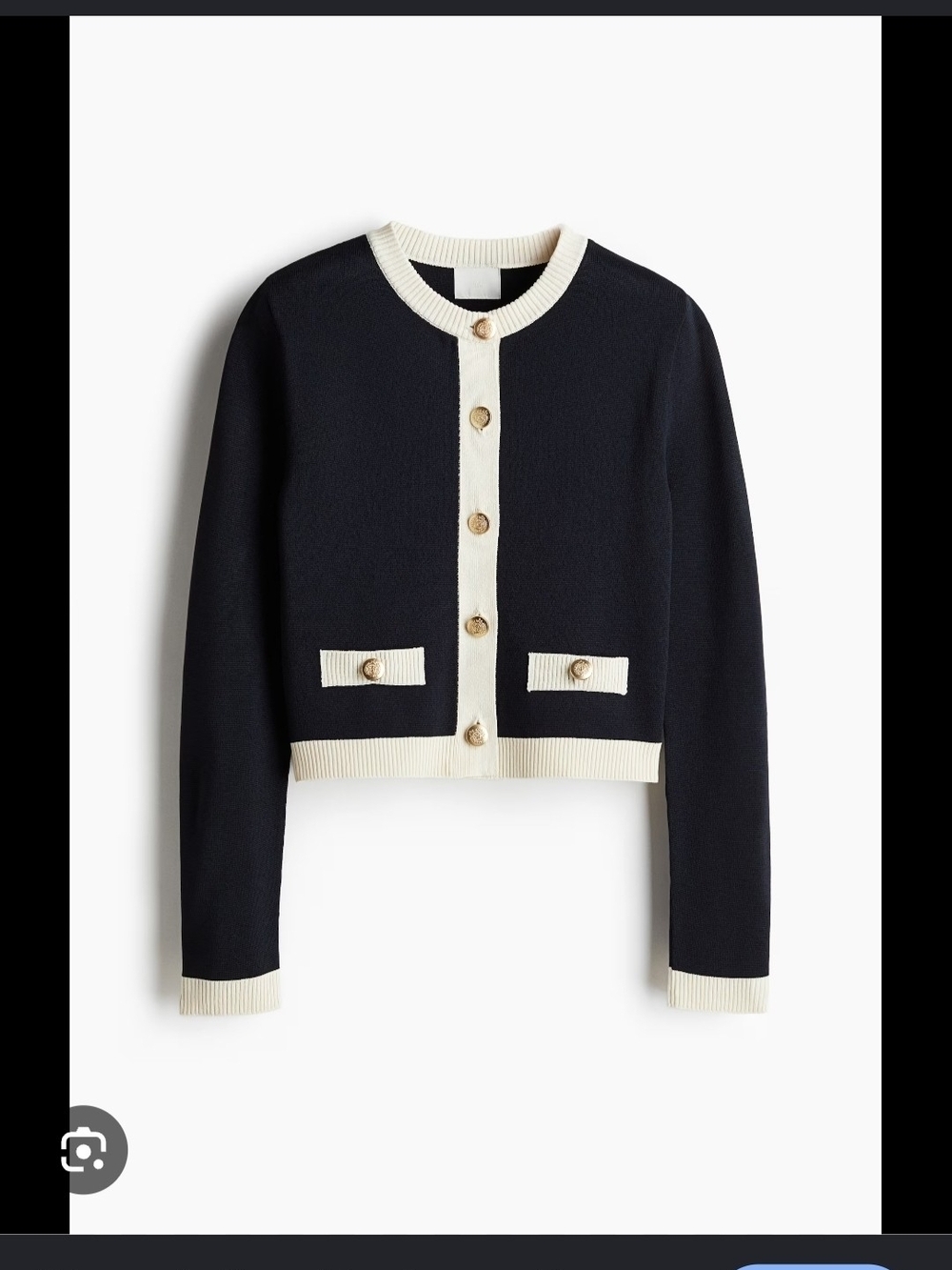 H&M Navy and Cream Cropped Contrast-Trim Cardigan Blazer